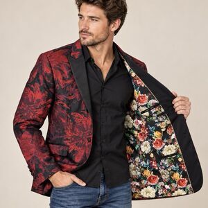 Paisley & Gray Blazer Mens 40R Slim Fit Red Black Floral Tuxedo Dinner Jacket